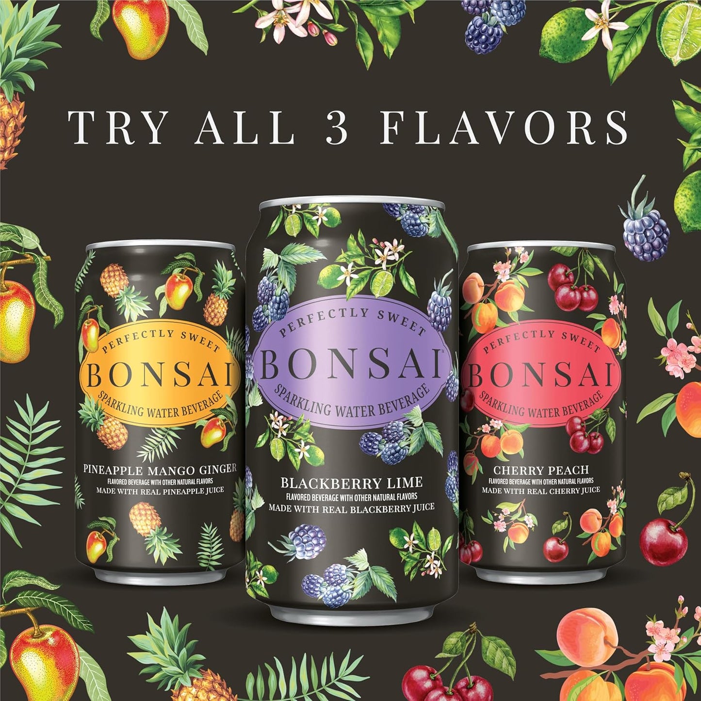 Bonsai Blackberry Lime Sweetened Sparkling Water, 12 fl oz cans, 8 pack